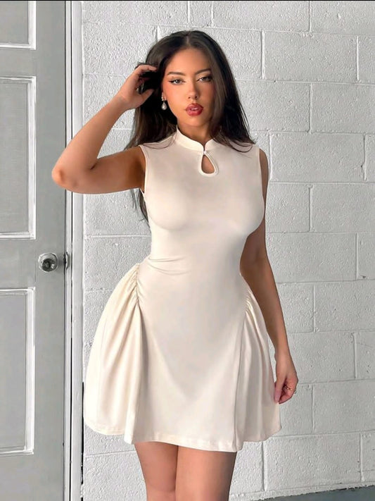 Firerie Robe élégante et simple à col chinois évvidé sans manches plissée avec une coupe évasée. Convient pour le port quotidien, les vacances, couleur abricot