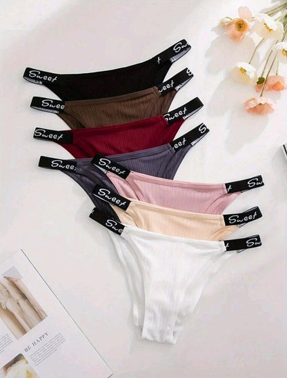 7 pièces de culottes taille basse pour femmes à bande de taille côtelée avec texte en anglais