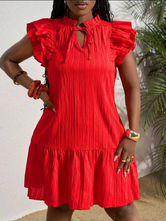 Slaydiva Robe décontractée en tissu texturé avec lien rouge pour femmes