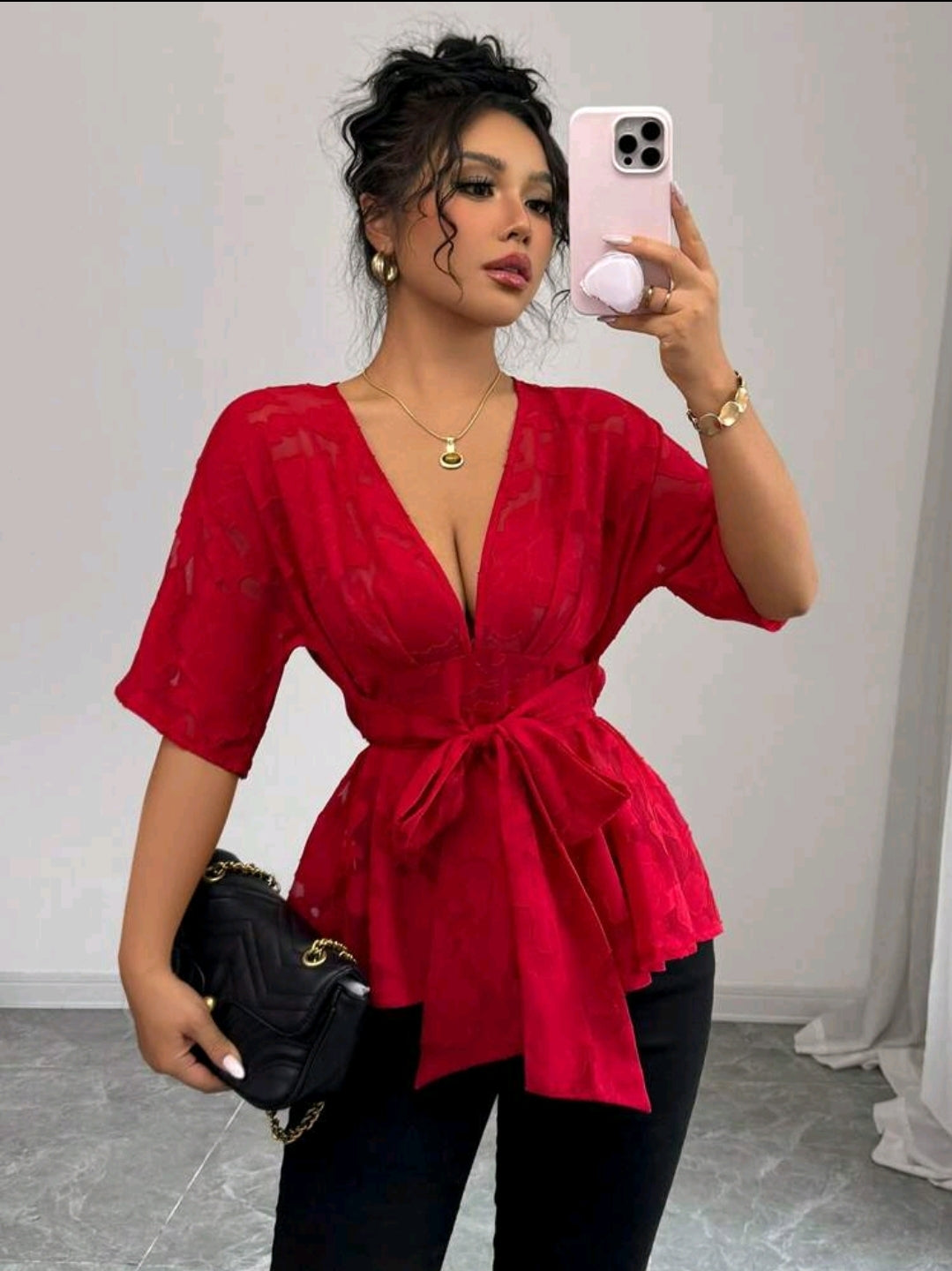 Elenzga Élégante chemisier femme à col V profond sexy en maille rouge jacquard, manches courtes, taille cintrée avec nœud papillon devant