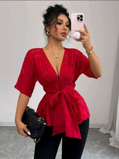 Elenzga Élégante chemisier femme à col V profond sexy en maille rouge jacquard, manches courtes, taille cintrée avec nœud papillon devant