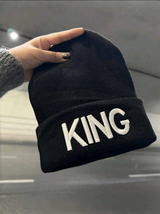 1 pièce Bonnet tricoté 3D avec couronne brodée roi et reine, Chapeau d'hiver chaud pour l'extérieur/quotidien, Décontracté et polyvalent