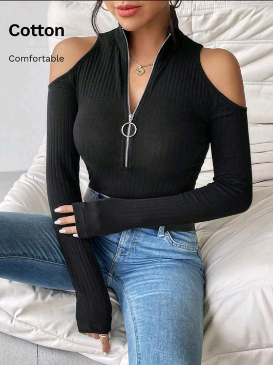 Élégant Pull tricoté à manches longues avec demi-zip ajouré pour femmes