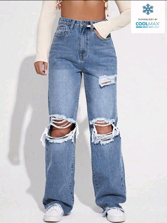 Jeans d'été larges à jambes évasées et découpés pour femmes