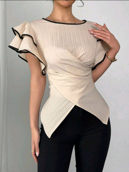 Rafferiza Blouse femme à manches à volants double couche avec lien noué devant