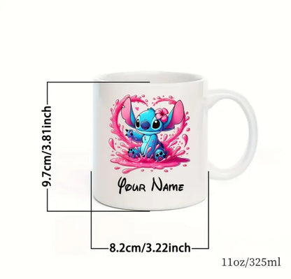 Tasse en céramique personnalisable 11oz Stitch - Nom personnalisé, design coloré, idéal pour le café,