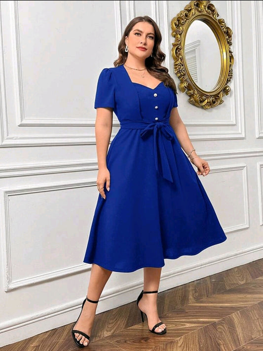 Robe romantique à manches bouffantes, col en cœur avec boutons de perle, ceinturée, adaptée pour les sorties, le travail quotidien, grande taille
