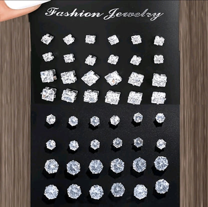 48 pièces/set Boucles d'oreilles à tige rondes et carrées en CZ pour femmes, design élégant et simple, cadeau de mode polyvalent et décontracté