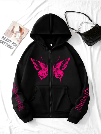 Sweatshirt à capuche avec poches latérales imprimées papillon & lettre, manches longues décontractées