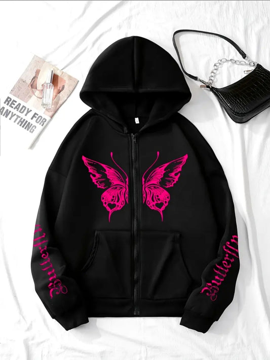 Sweatshirt à capuche avec poches latérales imprimées papillon & lettre, manches longues décontractées