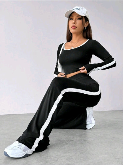 Flirla Ensemble décontracté pour femmes : Haut à manches longues avec encolure ronde et pantalon avec garniture de blocs de couleurs