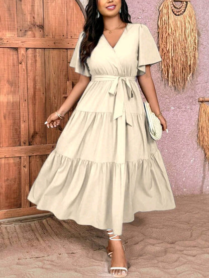 Breezaya Robe mi-longue élégante à col en V et volants, manches courtes, grande taille pour femmes