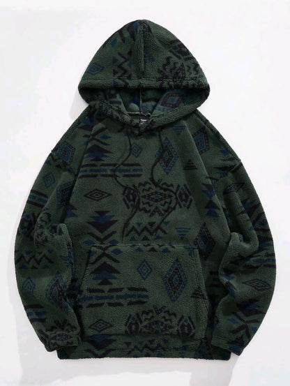 Manfinity Hypemode Sweat-shirt à capuche en molleton ample pour hommes avec motif géométrique, poche kangourou et cordon de serrage