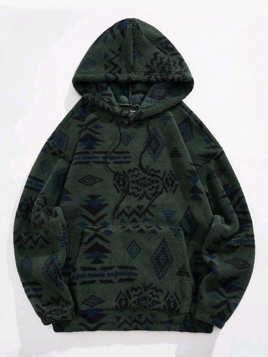 Manfinity Hypemode Sweat-shirt à capuche en molleton ample pour hommes avec motif géométrique, poche kangourou et cordon de serrage