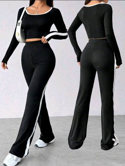 Flirla Ensemble décontracté pour femmes : Haut à manches longues avec encolure ronde et pantalon avec garniture de blocs de couleurs