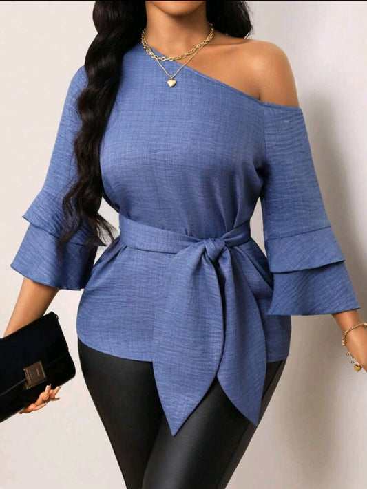 Lyxana Chemise à manches volantées asymétriques à effet denim avec nœud
