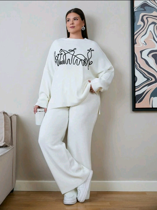 Pull oversize pour femmes avec détails brodés et pantalon en tricot, pour l'hiver