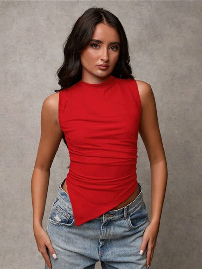 SHEIN BAE Top décontracté pour femmes à ourlet asymétrique froncé et sans manches, convient pour le trajet domicile-travail