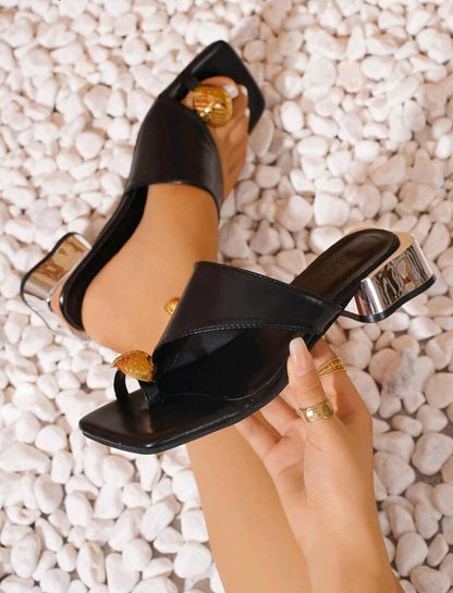 Mules à talon épais style français élégant avec boucle métallique