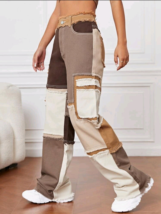 Jean à imprimé patchwork effiloché