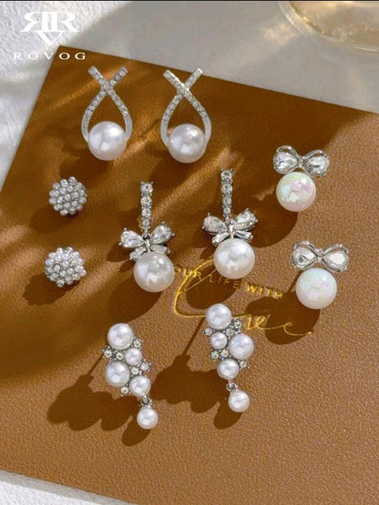 5 paires de boucles d'oreilles élégantes et de personnalité vintage de luxe avec nœud papillon et faux perle