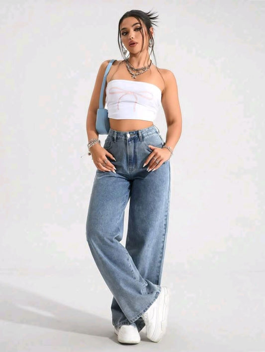 Jeans en denim délavé à taille haute ample et évasé, style décontracté
