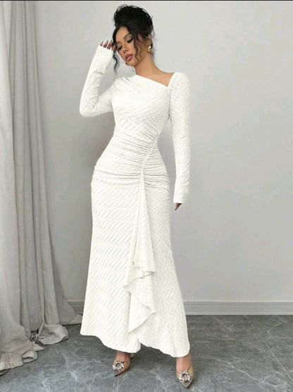 Elenzga Robe maxi élégante en tricot texturé de couleur unie à manches longues