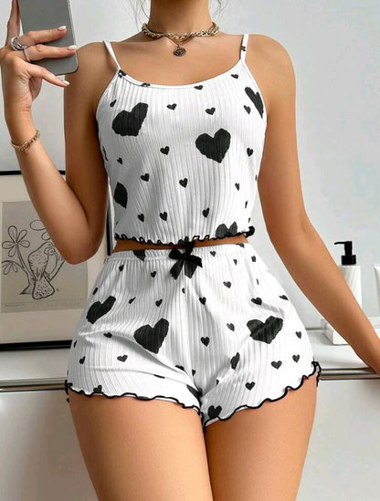 Ensemble Pyjama Haut Et Short Caraco Imprimé Cœur Pour Femmes, Ensemble Blanc, Été