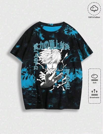 ROMWE MEN Anime T-shirt décontracté à manches courtes, col ras-du-cou, avec imprimé de personnage d'anime tie-dye pour homme