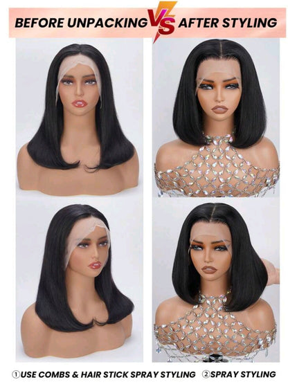 Perruque de style bob en cheveux humains, densité de 180 %, avec une base de lace frontale transparente de 13x4.
