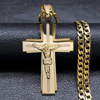 Collier croix de Jésus Chaîne en acier inoxydable pour femmes Collier croix argent pour hommes Collier religieux Cruz Collier unisexe Accessoires mode couples Cadeau