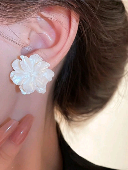 5 pièces/Set Boucles d'oreilles à clous carrées avec fleurs bordeaux émaillées et fausses perles