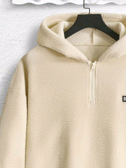 Manfinity Homme Sweat À Capuche En Peluche Pour Hommes, Avec Demi-fermeture Éclair, Lettre Brodée Et Épaule Tombante