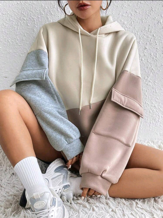 Flirla Sweat-shirt à capuche casual avec cordon de serrage, patchwork de blocs de couleur