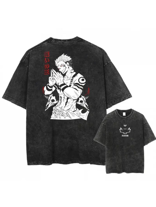 Chemise Vintage Homme en Coton Noir Lavé - T-Shirt Oversized Streetwear avec Imprimé Anime Harajuku