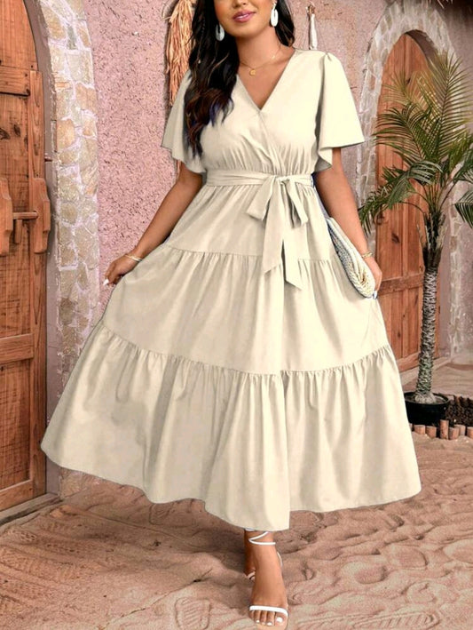 Breezaya Robe mi-longue élégante à col en V et volants, manches courtes, grande taille pour femmes