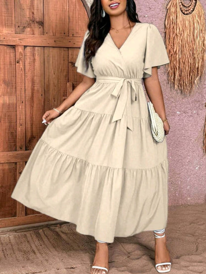 Breezaya Robe mi-longue élégante à col en V et volants, manches courtes, grande taille pour femmes