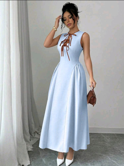Elenzga Robe femme la plus récente, avec col ajouré, design de cravate bicolore, ourlet côté taille froncé