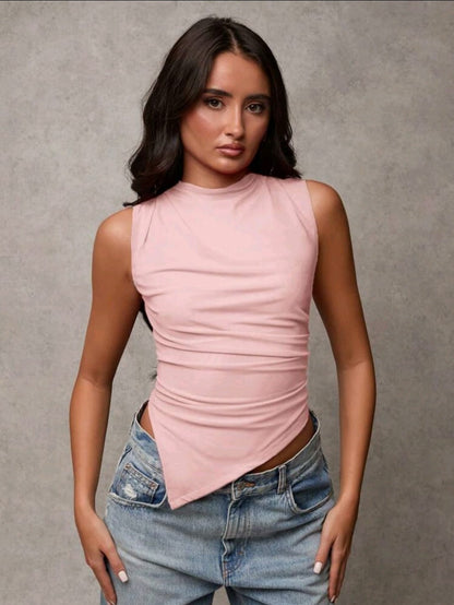 SHEIN BAE Top décontracté pour femmes à ourlet asymétrique froncé et sans manches, convient pour le trajet domicile-travail