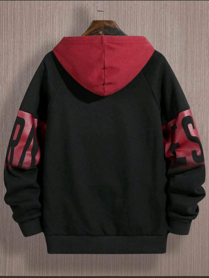 Sweat-shirt à capuche à cordon de serrage avec imprimé lettres en blocs de couleurs pour hommes