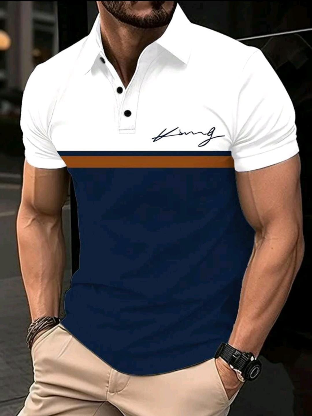Manfinity Dauomo Chemise polo décontractée pour hommes à rayures estivales à manches courtes avec impression de lettres, pour le travail ou les loisirs
