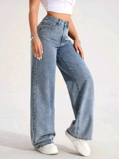 Jeans en denim délavé à taille haute ample et évasé, style décontracté