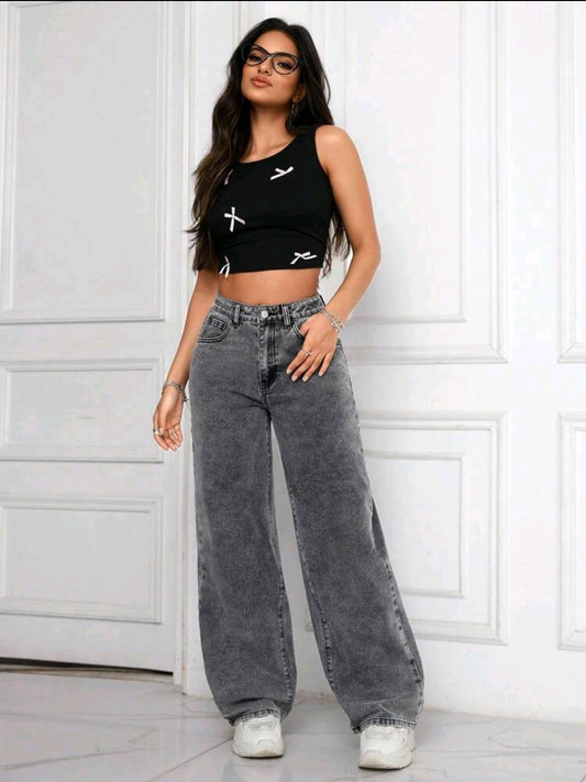 PETITE Jeans droits délavés décontractés et relaxés pour femmes