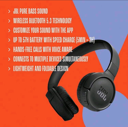JBL JBL Tune 520BT - Casque d'écoute sans fil supra-auriculaire, autonomie batterie jusqu'à 57 h et charge rapide, conception légère, confortable et pliable, appels mains libres avec détection vocale