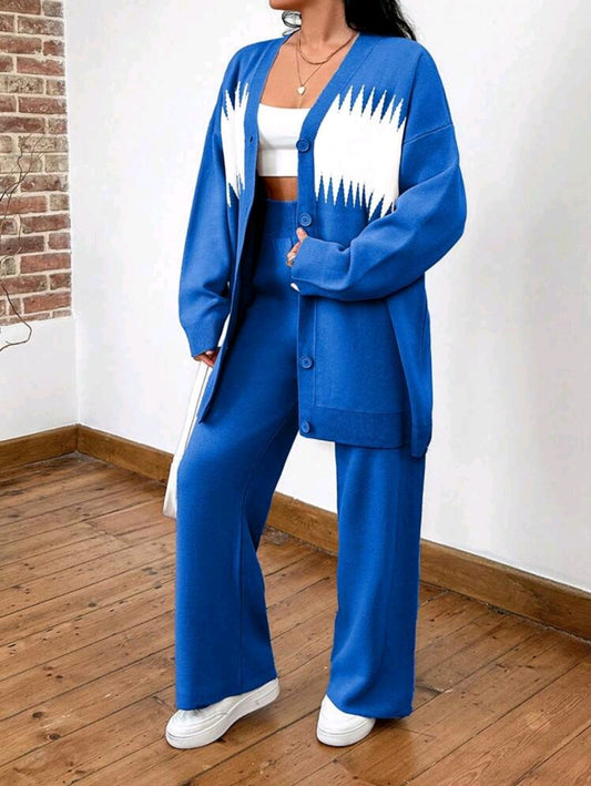 Tenue grande taille en deux pièces élégante, chemise à manches longues avec boutons et imprimé graphique et pantalon, tricoté