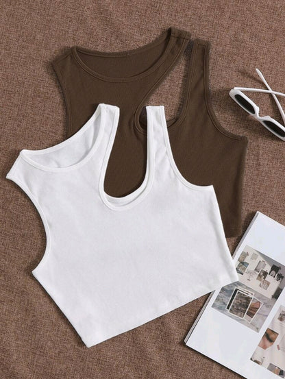 2 pièces Ensemble de débardeurs moulants en tricot de couleur unie pour femmes, Printemps/Été