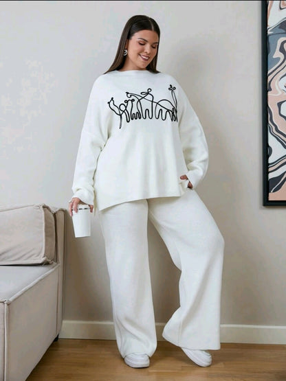 Pull oversize pour femmes avec détails brodés et pantalon en tricot, pour l'hiver