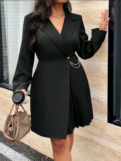 Celure Robe élégante à col polo, manches longues, unicolore, ourlet plissé, taille grande, automne