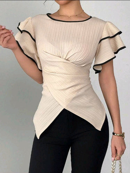Rafferiza Blouse femme à manches à volants double couche avec lien noué devant