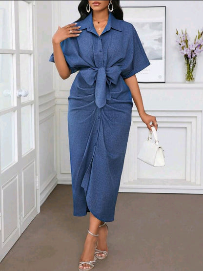 Robe de bureau, robe de vacances, robe chemise à volants bleue unie effet denim pour femmes